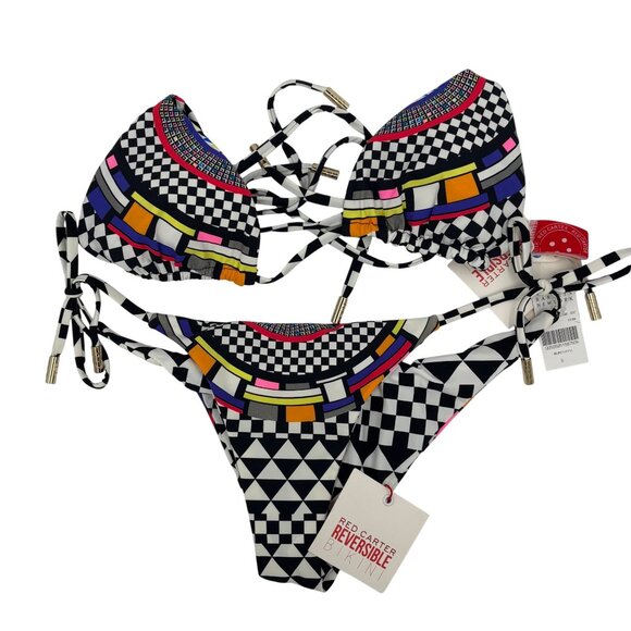 Red Carter Reversible Bikini Set With Geometric & Checkered Print NWT Small - Picture 1 of 3